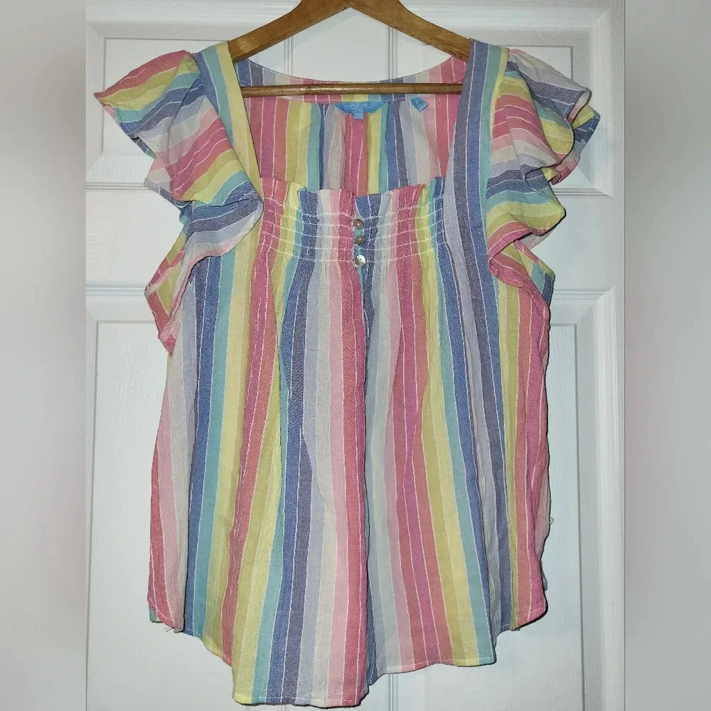 Draper James RSVP Candy Striped Gauzy Ruffle Sleeve Smock Detail Size Large
